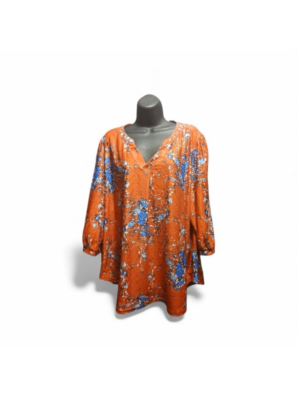 Women's Floral Tunic Top 2X Red Blue V-Neck Long Sleeve Stretch INV255 A1